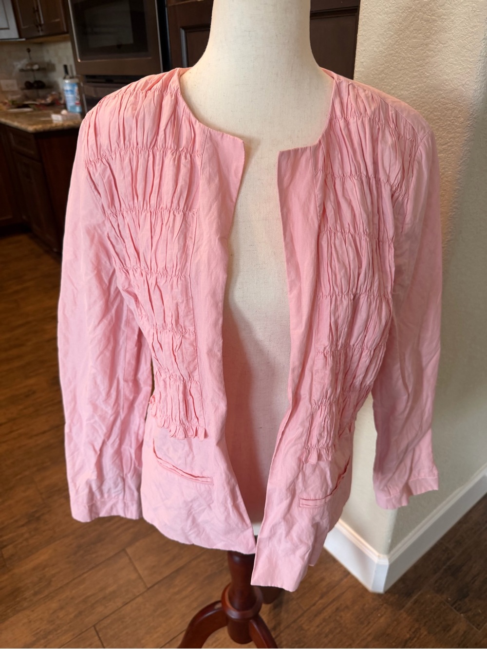 Chicos Women’s Pink Ruched Open-Front Jacket size 1